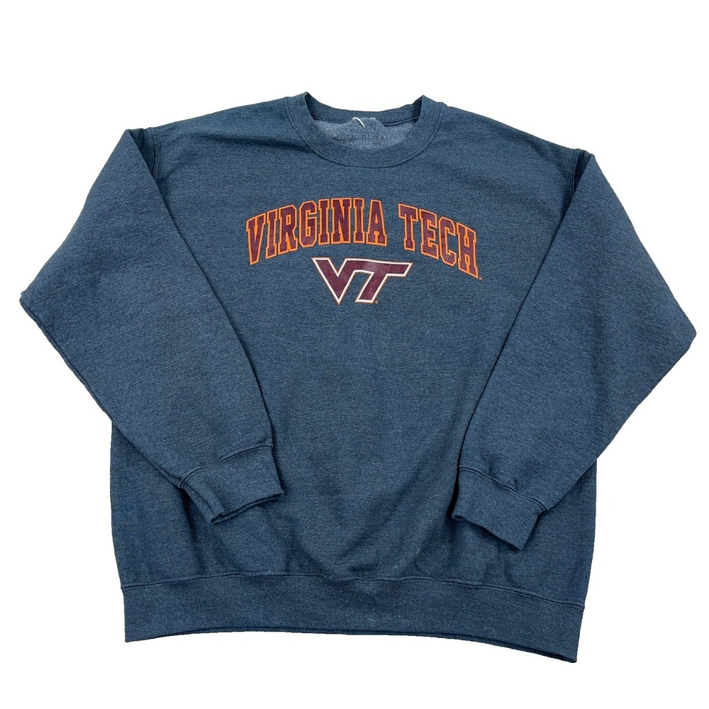 Vintage Y2K Virginia Tech Hokies Sweatshirt Men Large Gray Crewneck Sweater Boxy